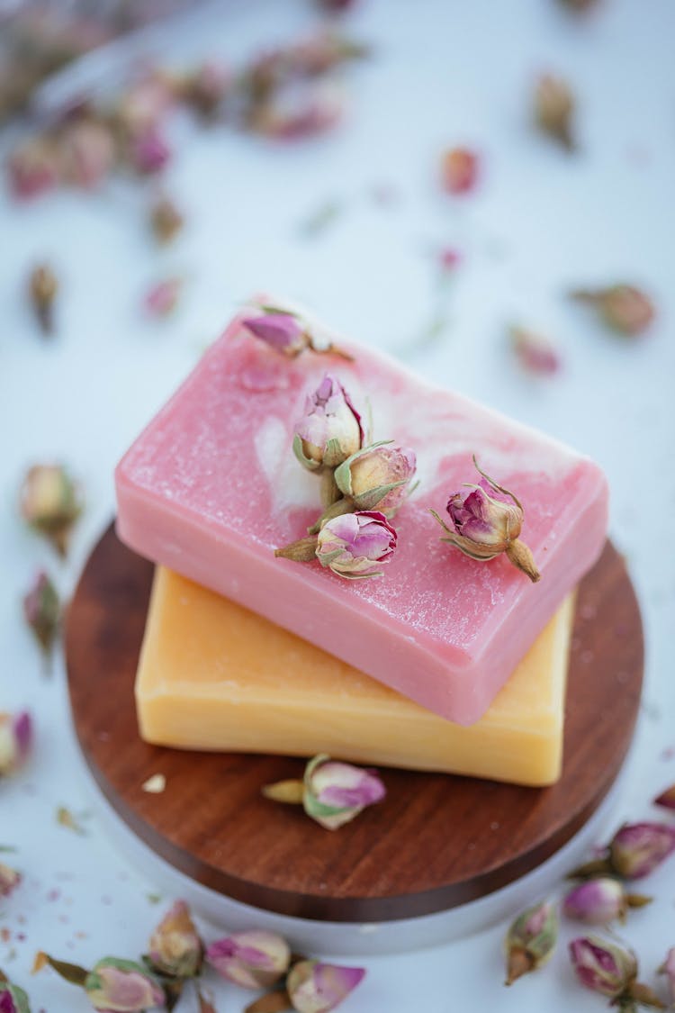 Close-up View Of Bars Of Soap And Flowers