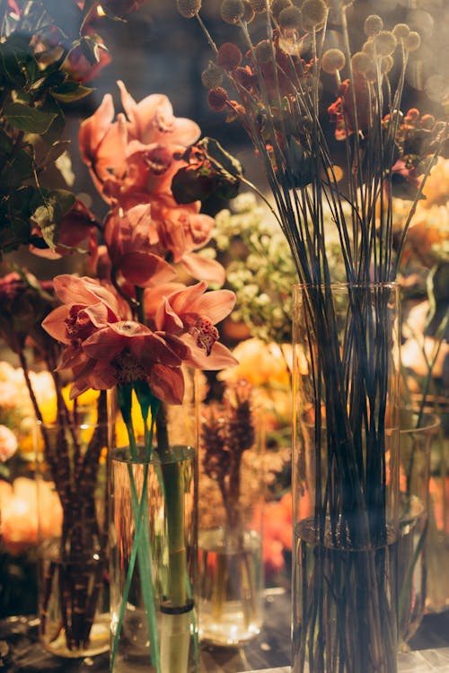 Pink Flowers in Clear Glass Vase