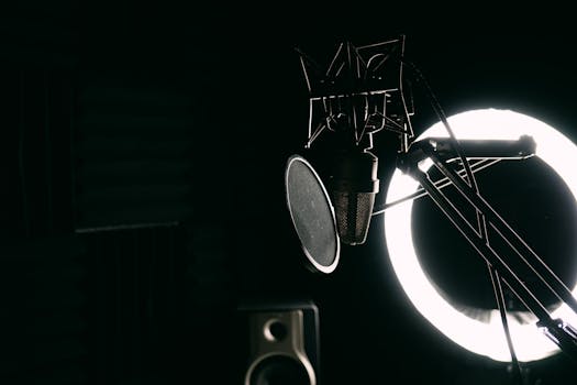 Close-up of a studio microphone with pop filter and ring light, ideal for music recording.