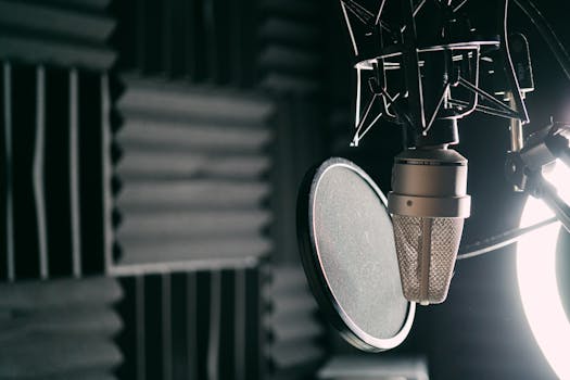 Close-up of a condenser microphone with pop filter in a professional sound studio.