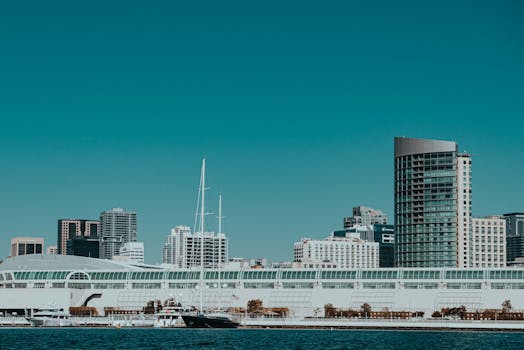 A stunning cityscape of modern high-rises against a clear blue sky overlooking a harbor.