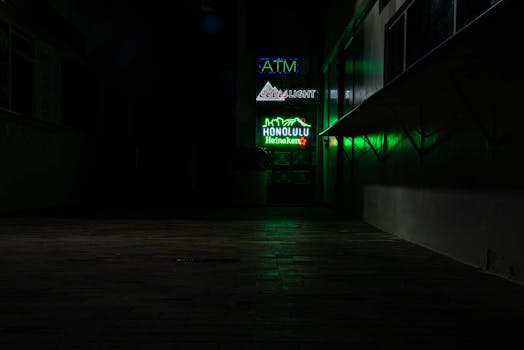 Nighttime view of neon signs in an alley, featuring ATM, Coors Light, and Honolulu Heineken.