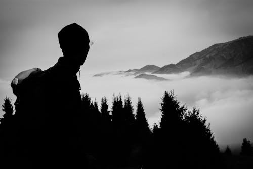 Grayscale Photo of a Person Standing while Looking at the Trees and Mountains