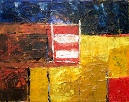 这幅抽象丙烯酸绘画丰富多彩，画布上纹理丰富，图案富有动感