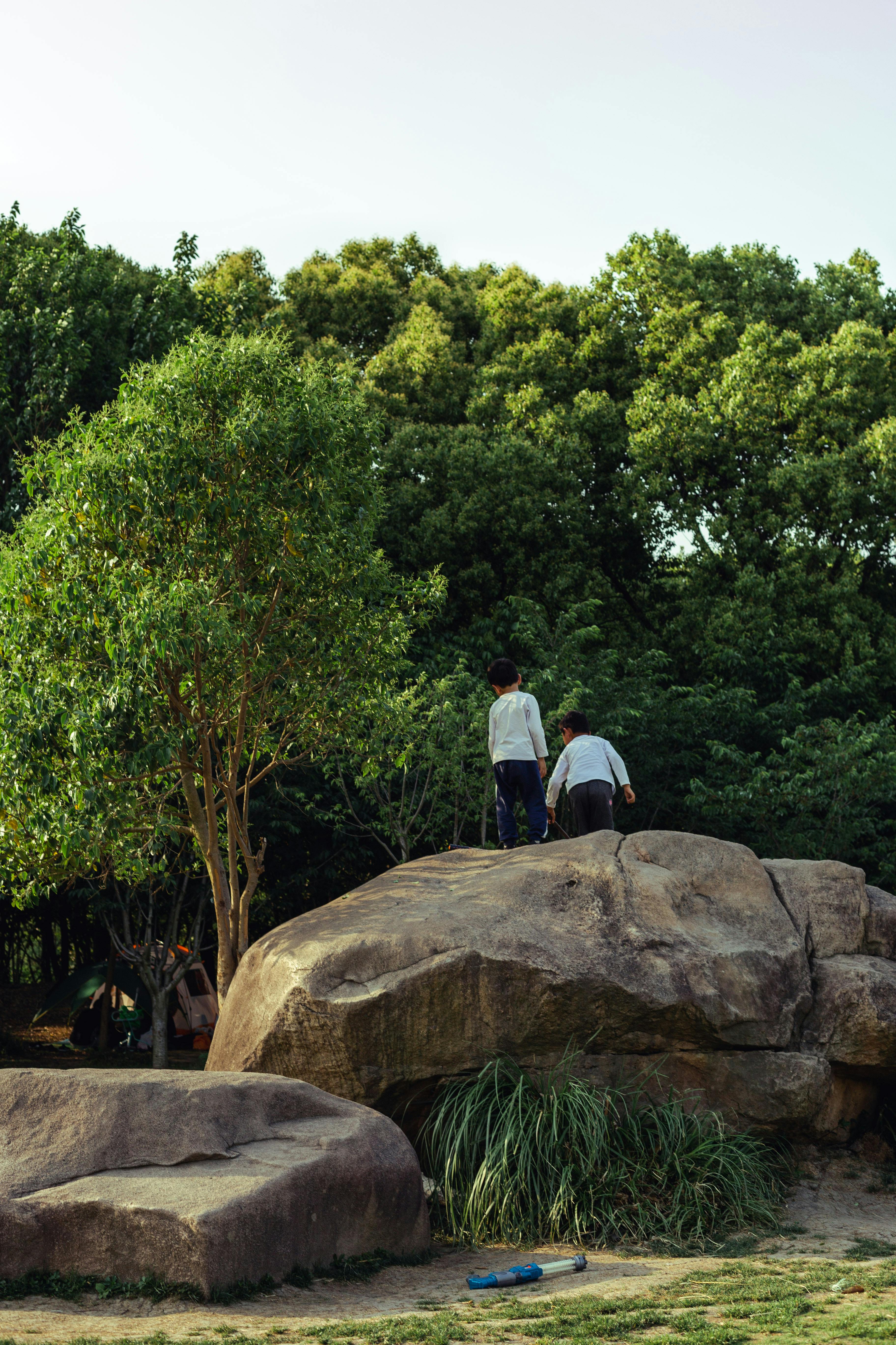 Two children playing and climbing on large rocks surrounded by lush greenery in a sunny outdoor park.
