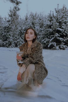 Elegant woman holding a drink in a leopard coat amidst a snowy forest setting.