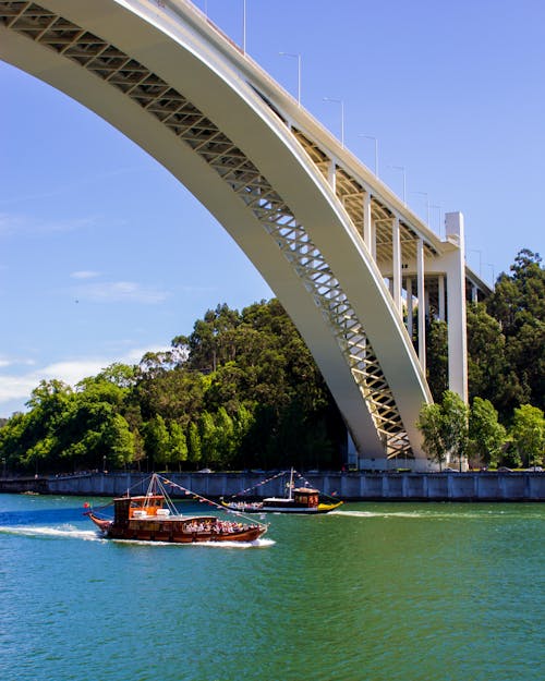 Free Boats Sailing on the River Under a Bridge Stock Photo
