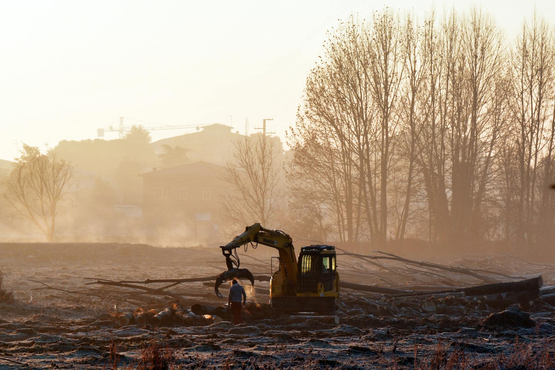 Excavator in a misty field at sunset in Isola della Scala, Veneto, Italy.