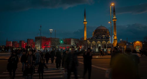 Free People on the Street Near Burunguz Camii Mosque and Kayseri Castle in Kayseri, Turkey during Nighttime Stock Photo