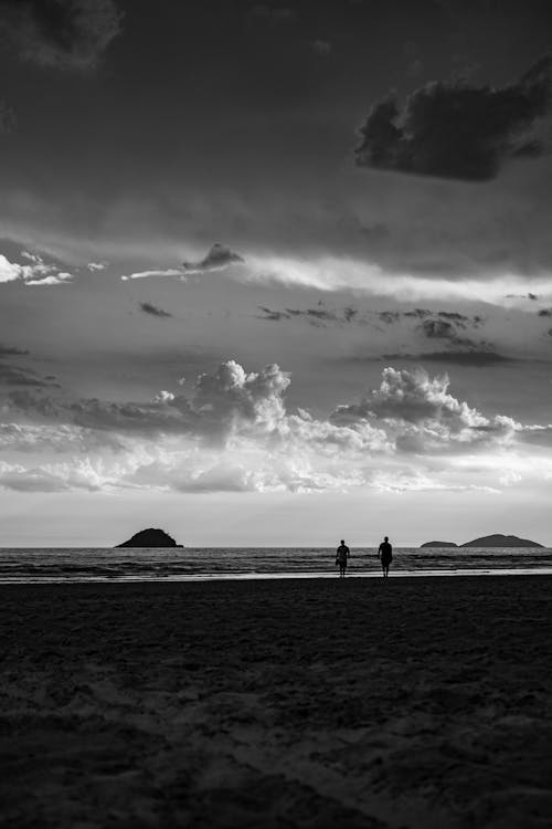 Grayscale Photo of People Walking on Beach