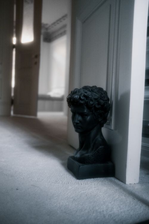 Free A black bust sculpture placed in a softly lit hallway corner, evoking classical art. Stock Photo