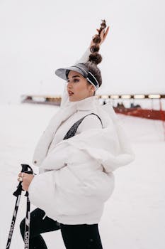 Stylish woman skiing with ski poles in a snowy winter landscape, wearing chic sports attire.