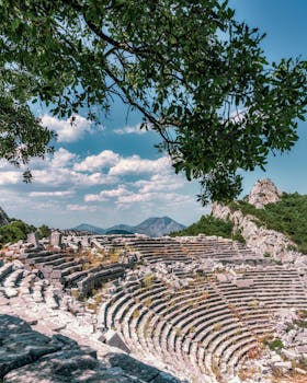 Explore the ruins of the ancient Roman amphitheater in Termessos, Turkey, nestled in the rugged mountains.