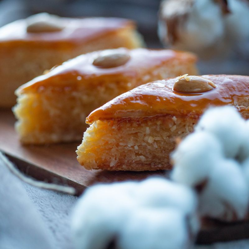 Basbousa Semolina Cake with Yogurt, Coconut and Almonds
