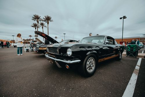 Free A classic car show featuring vintage Mustang models with people enjoying the outdoor event. Stock Photo