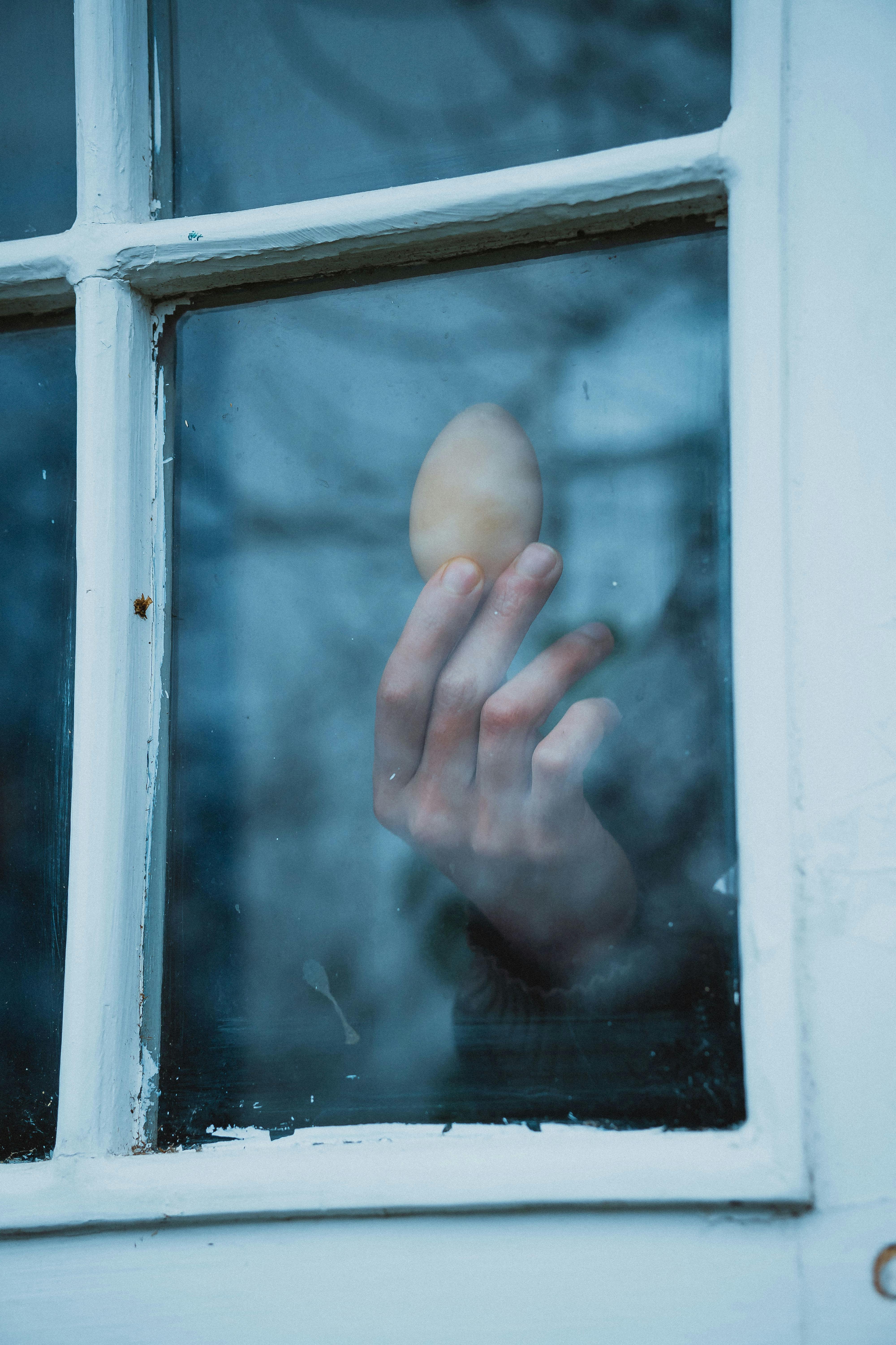 A hand holding an egg is seen through a window pane with a cool, muted tone.