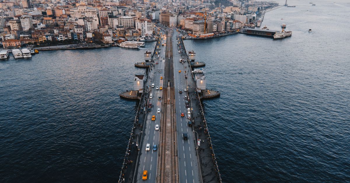Stunning aerial photo of Galata Bridge connecting vibrant districts with a sweeping view of Istanbul's skyline.