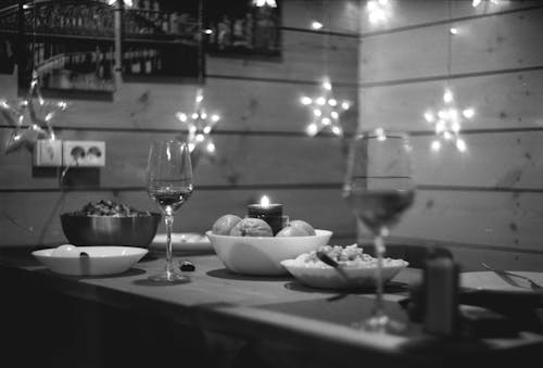 Grayscale Photo of a Table Setting