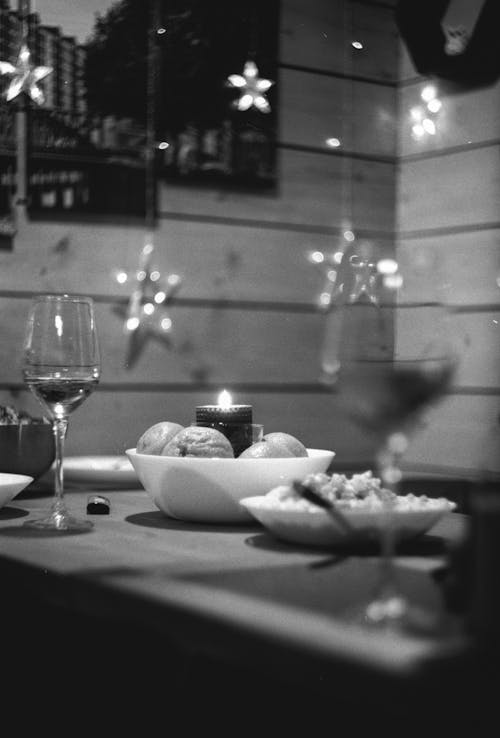 Grayscale Photo of a Table Setting
