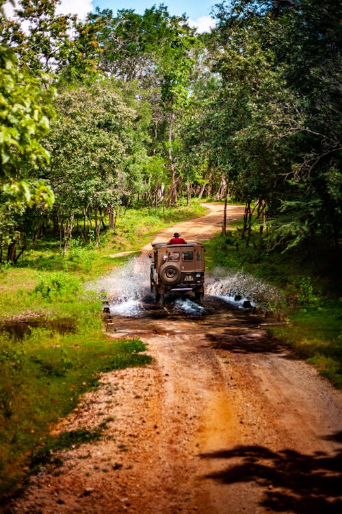 4X4 Vehicle Driving Through a Puddle on a Dirt Road