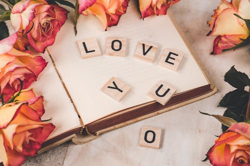 Free Letter Tiles and Flowers on a Book Stock Photo