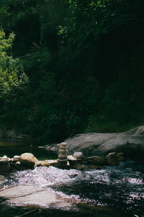 Free Peaceful river scene with stacked stones and lush greenery, perfect for relaxation themes. Stock Photo