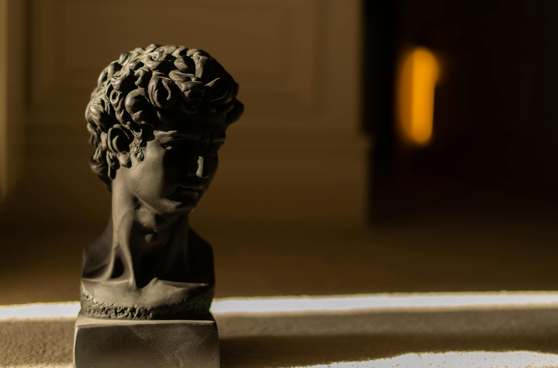 Moody shot of a classic bust in shadow, evoking a vintage Renaissance feel.