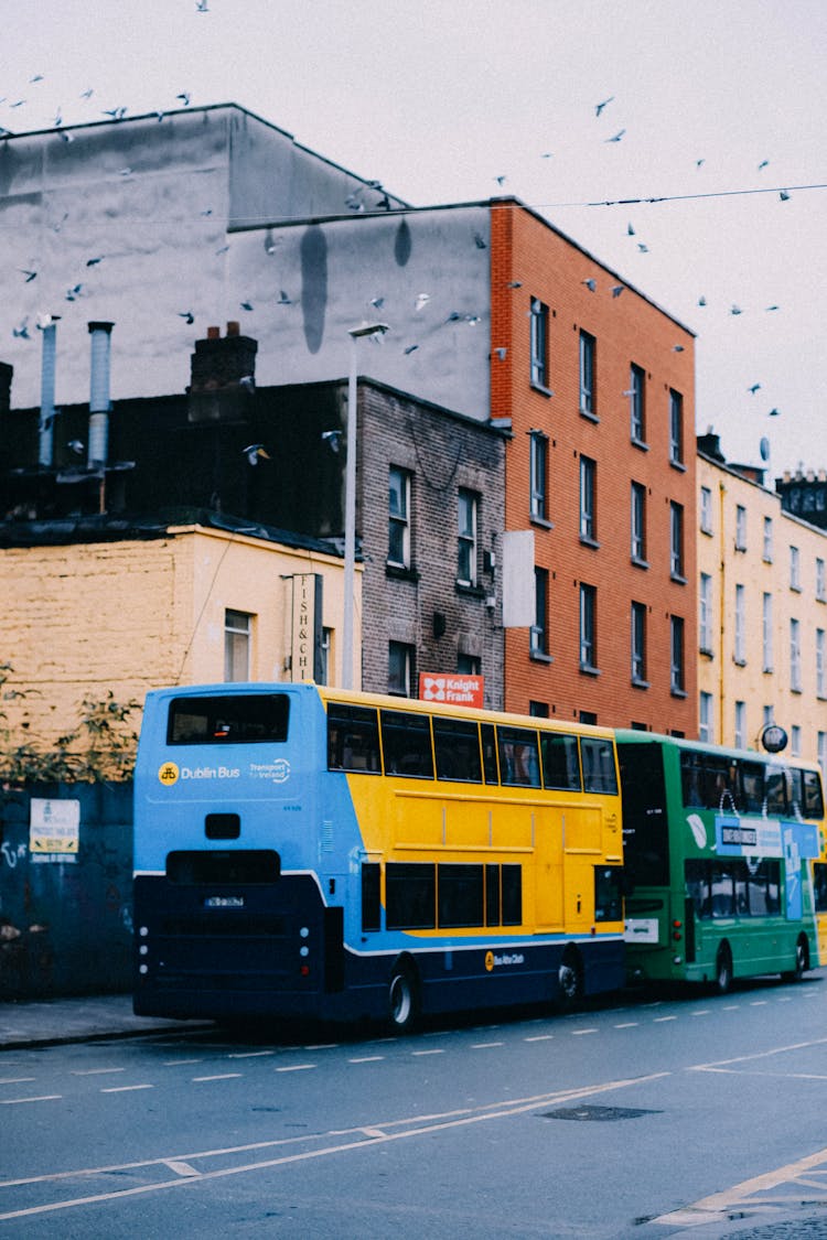 Double Decker Buses Parked On The Side Of The Road