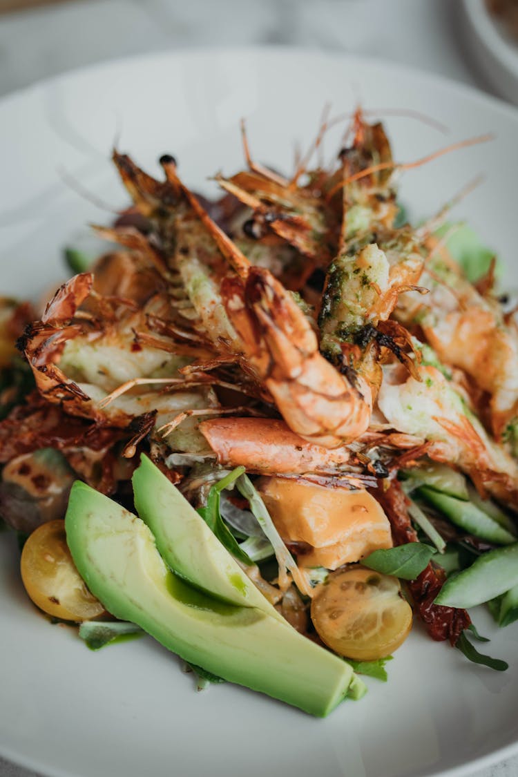 Seafood Based Dish Served On White Plate