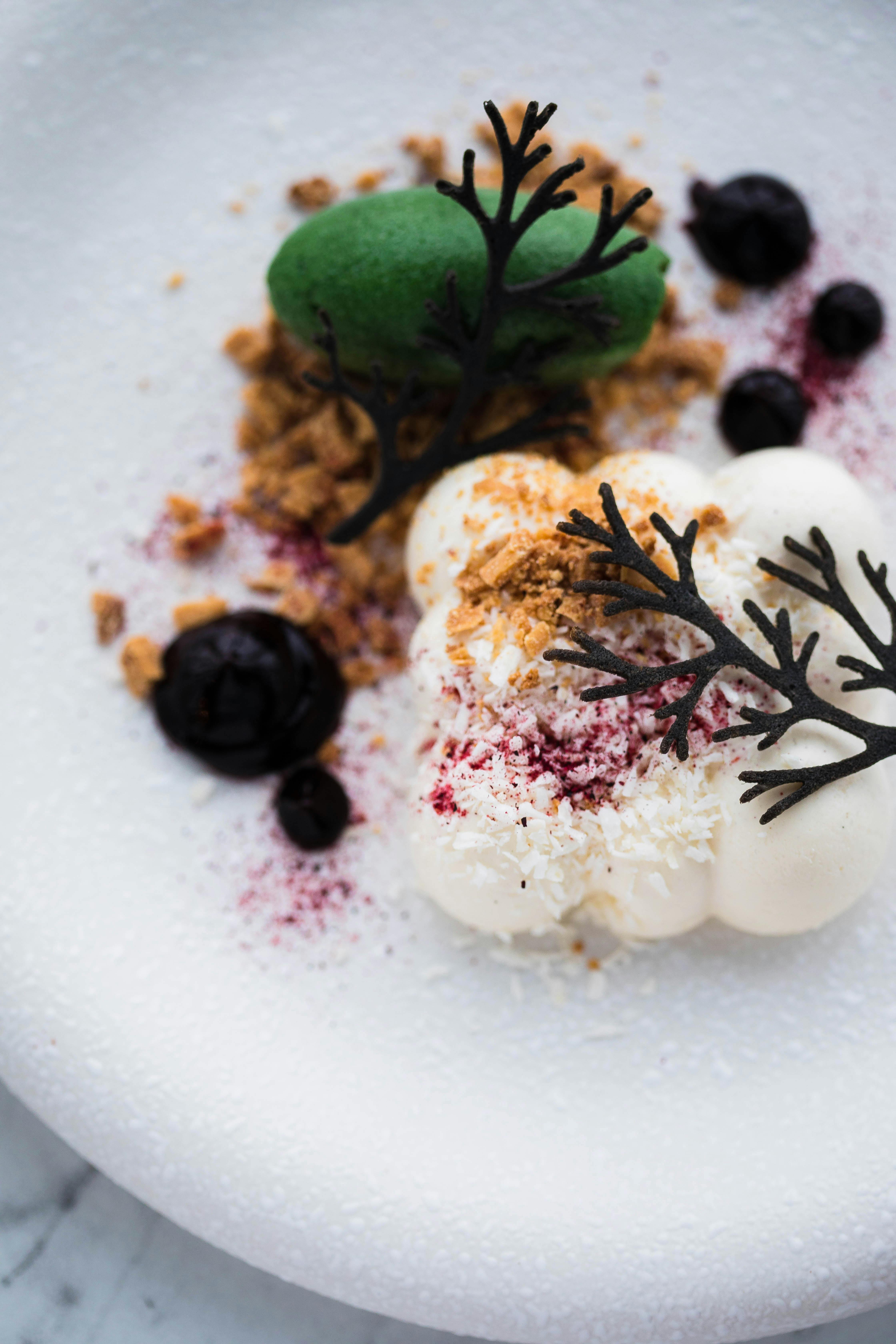 ice cream dessert decorated with lime peel and chocolate branches