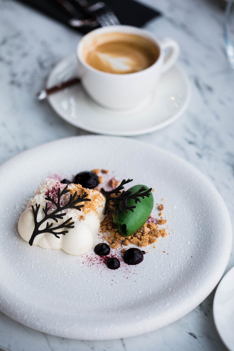 Sweet Ice Cream Dessert And Cup Of Cappuccino 