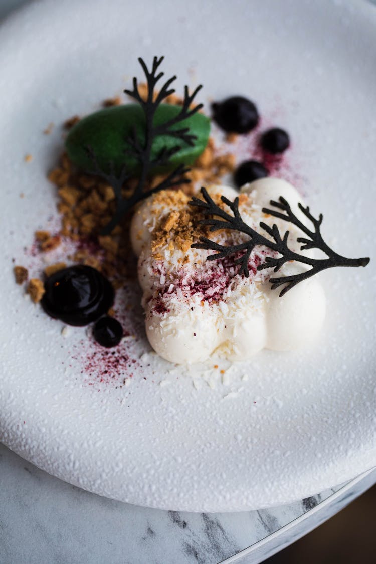 Colourful Serving Of Ice Cream Decorated With Chocolate Branches And Berry Sauce