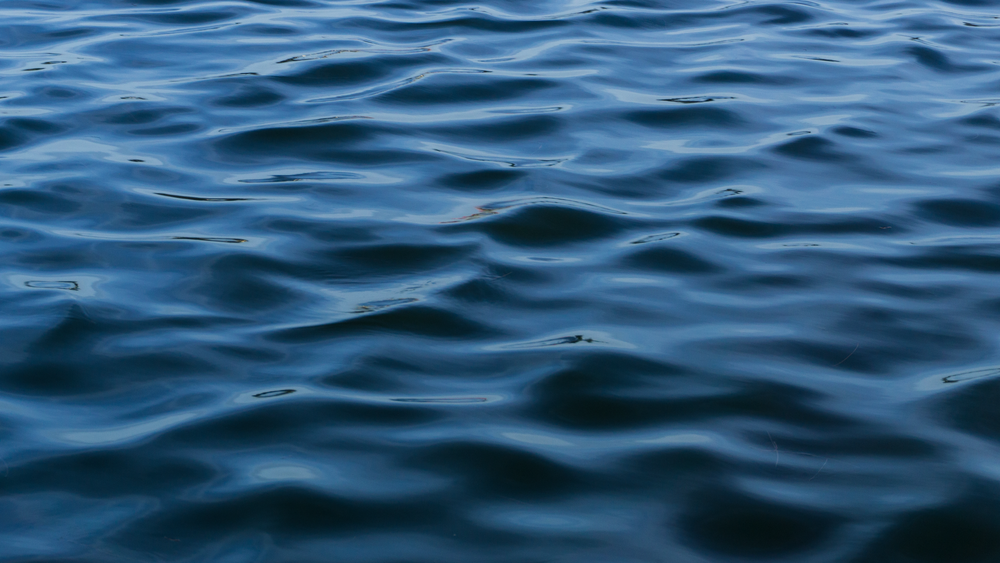 Surface de l'eau calme et sombre avec de légères ondulations bleues.