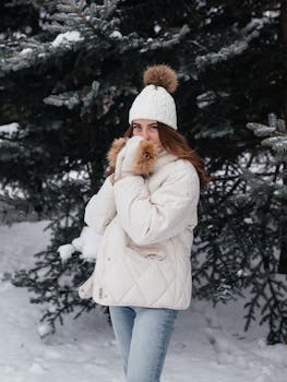 A woman in winter attire enjoys a snowy day, surrounded by evergreen trees.