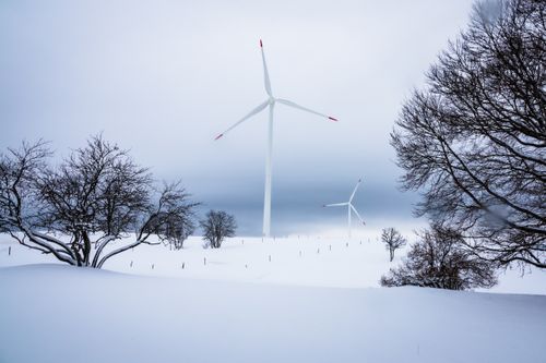 Free Serene winter landscape with wind turbines surrounded by snow and bare trees. Stock Photo