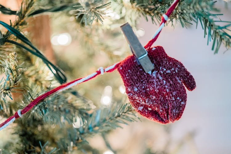 Close-up Of A Mitten Hanging On A Christmas Tree