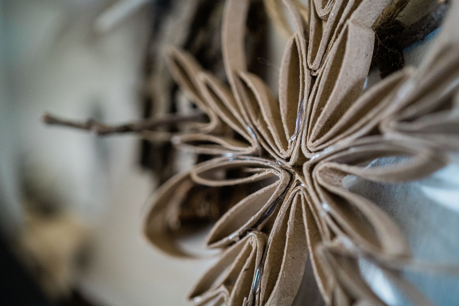 Detailed close-up of intricate cardboard flower cutout showcasing creative design and texture.