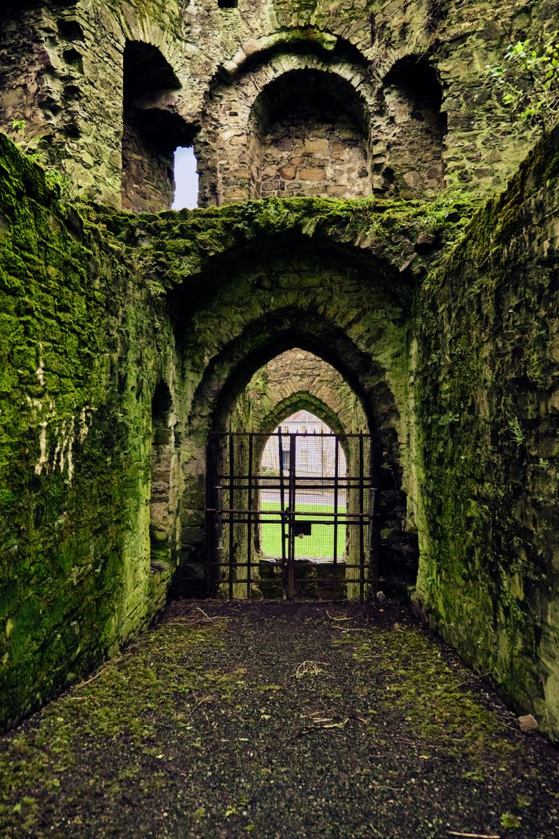 Interior de castel medieval irlandez cu ziduri de piatră și arcuri gotice