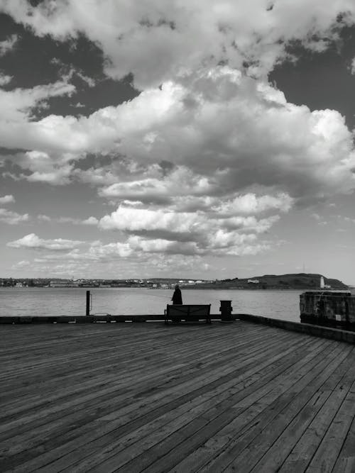 
A Grayscale of a Person Fishing under a Cloudy Sky