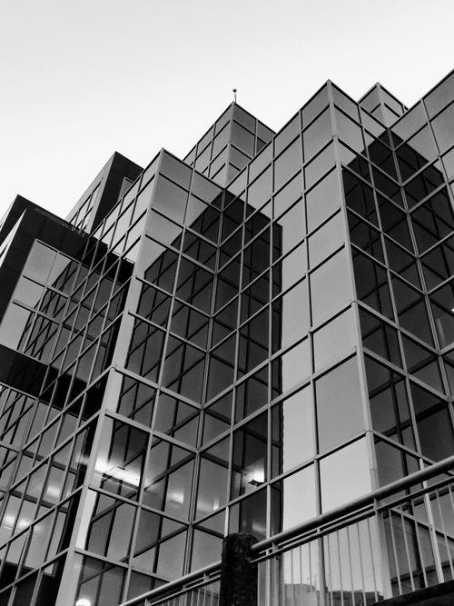 Free Low-angle black and white photo of a modern glass skyscraper's facade in an urban setting. Stock Photo