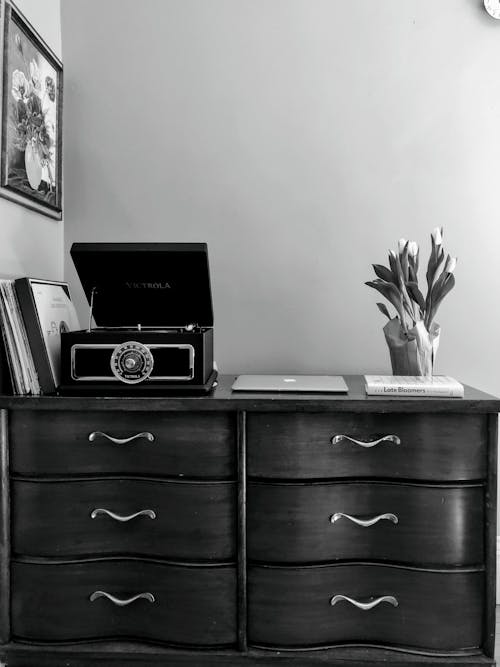 
A Grayscale of a Decorated Cabinet