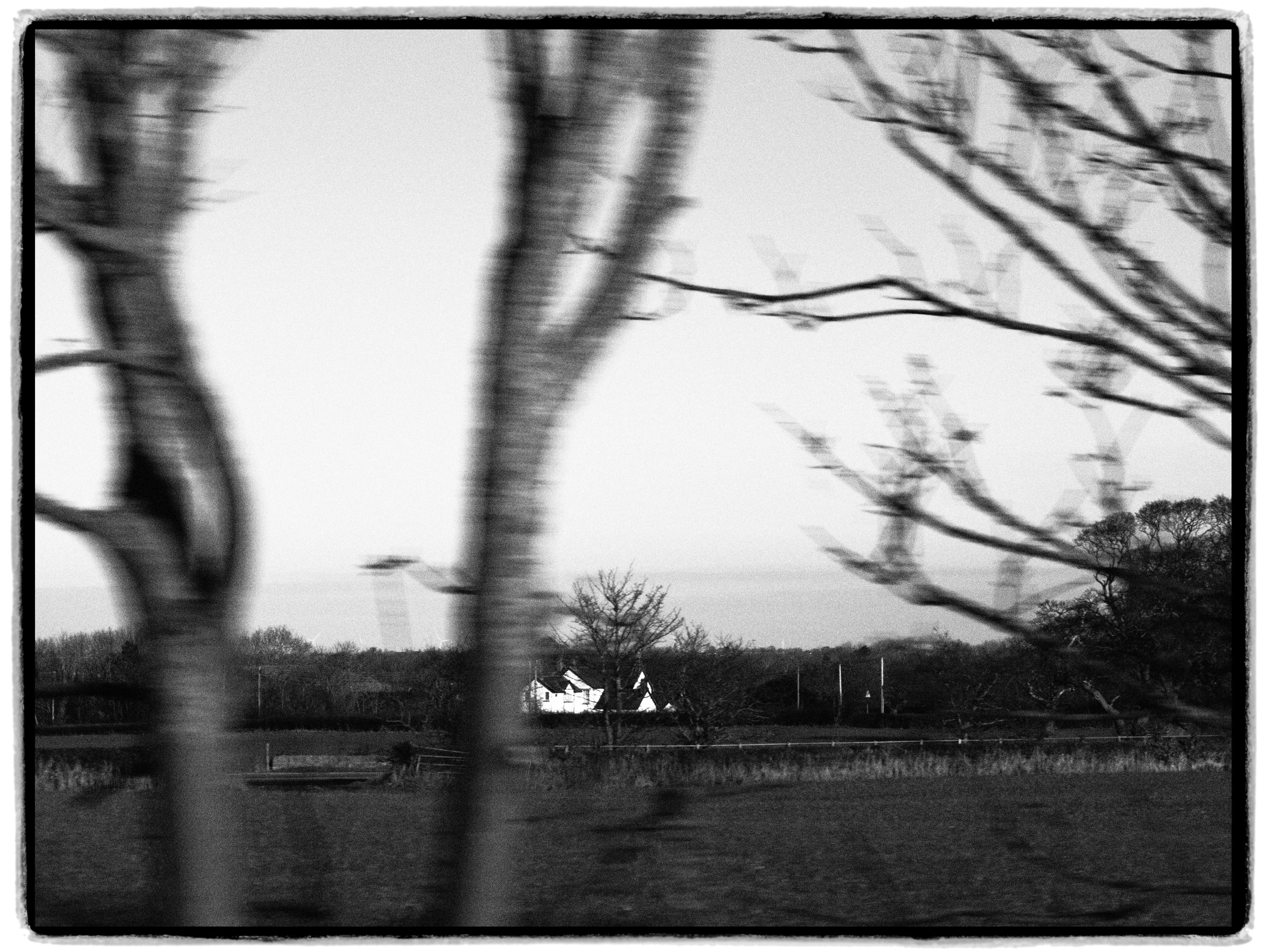 Blurred black and white view of a countryside house seen through trees in motion.