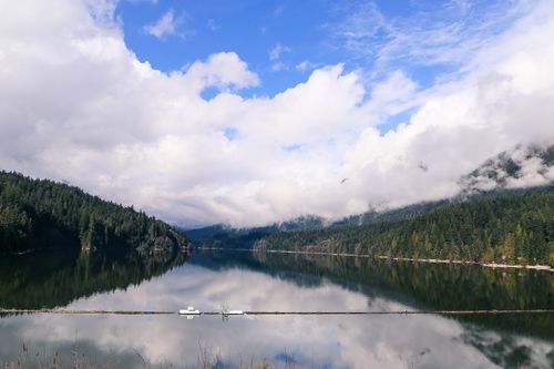 Free Serene mountain lake surrounded by forest and cloudy sky, reflecting nature's calm beauty. Stock Photo