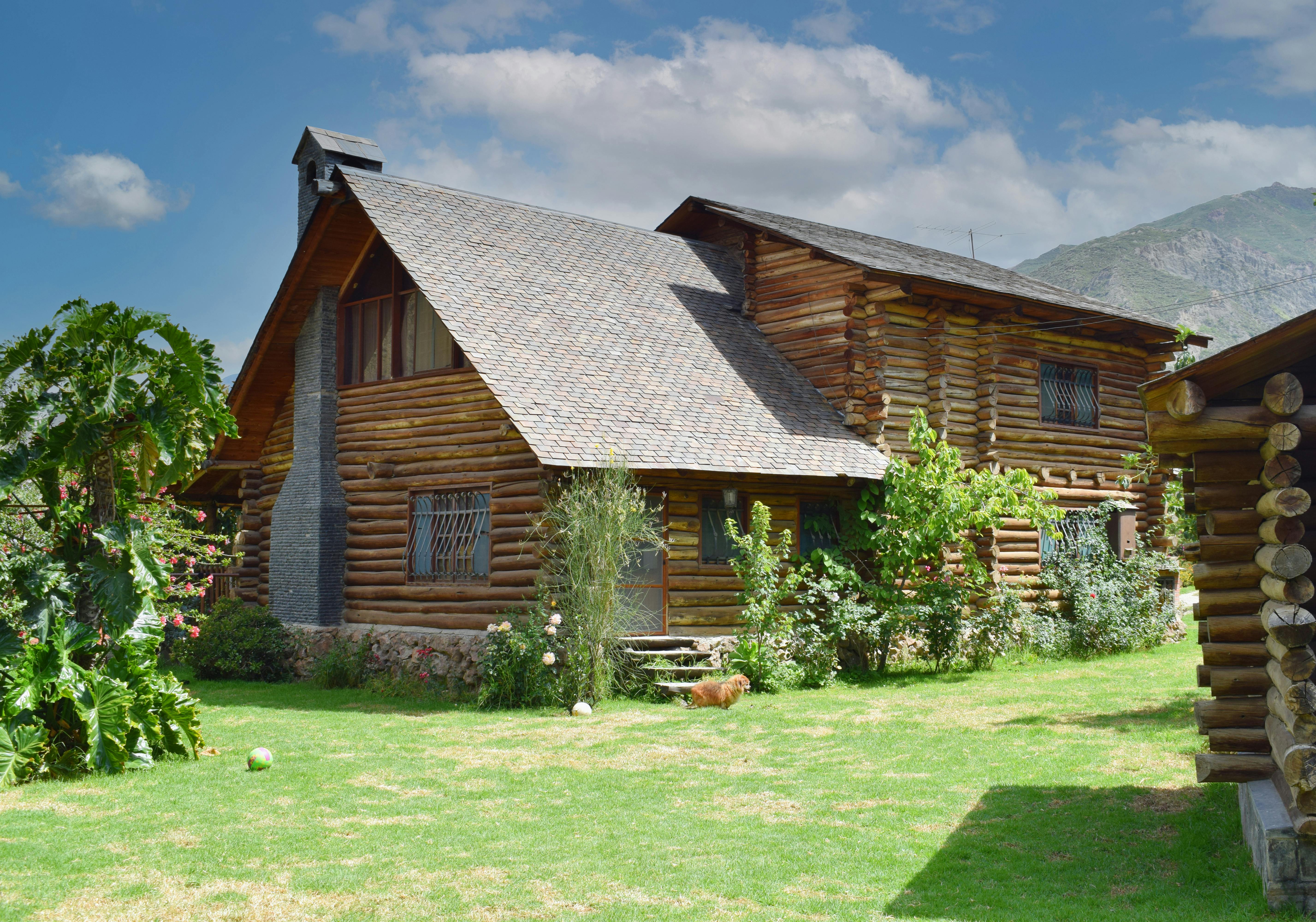 Charming wooden log cabin with lush green yard in La Paz, Bolivia, under a clear blue sky. - La Paz