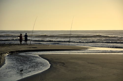 Free Men Fishing in the Beach Stock Photo