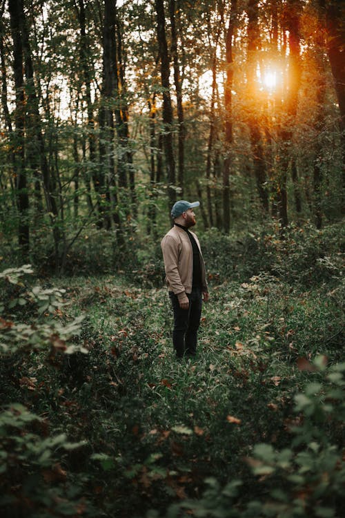 
A Bearded Man Wearing a Cap and a Jacket in a Forest