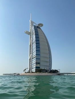 View of the iconic Burj Al Arab standing above the serene waters in Dubai, UAE, against a clear blue sky.