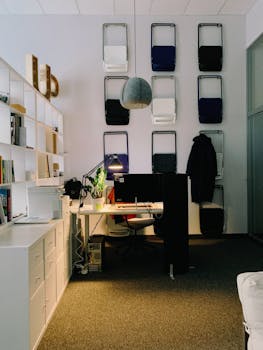 Contemporary office setup with unique wall art and stylish desk features.