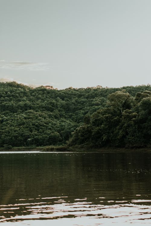 Free Tranquil scene of a lake with lush forested hills under a serene sky. Stock Photo