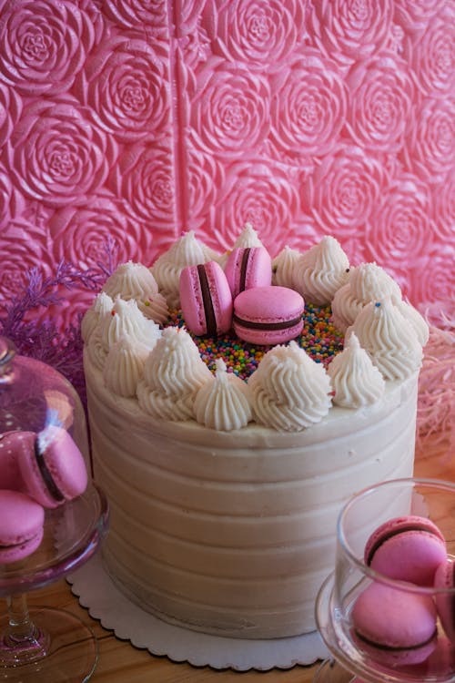 White Cake with French Macarons on Top